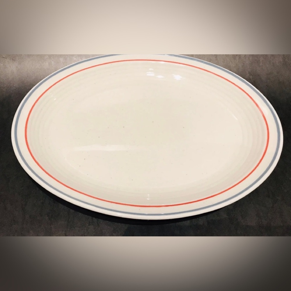 3 VINTAGE Sterling China Wellsville OH 11” Oval RED, WHITE & BLUE Dinner Plates